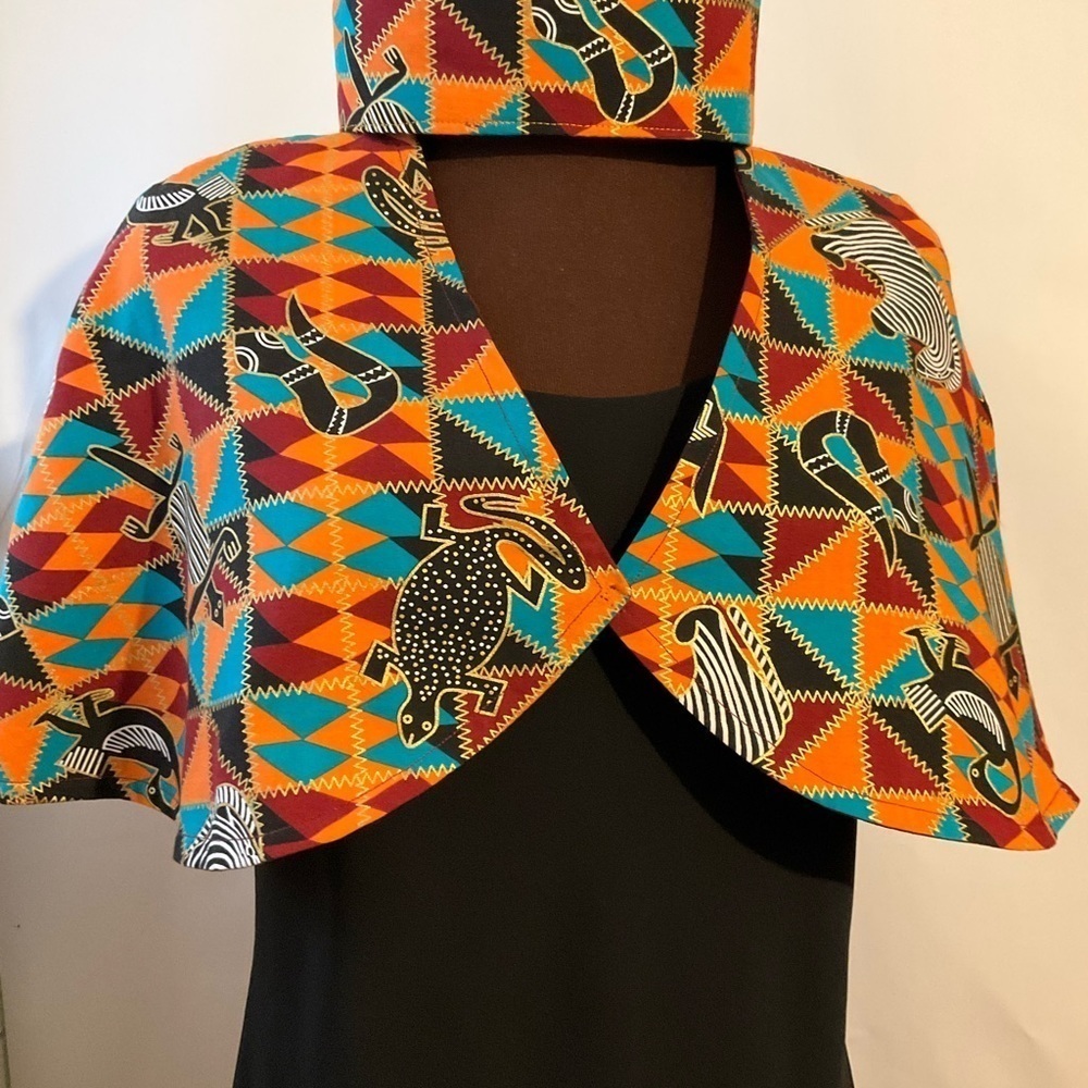 Hand Crafted Ankara African Print Capelet Sz. 16 Burgundy Turquoise Orange Lined - Picture 9 of 10